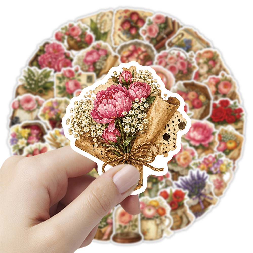 Dried Flower Bulk - 50 autocollants floraux vintage, motifs rétro